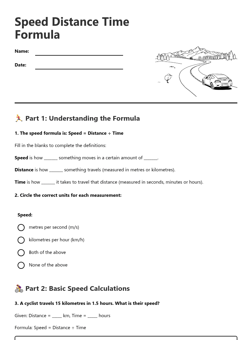 Speed Distance Time Formula worksheet preview