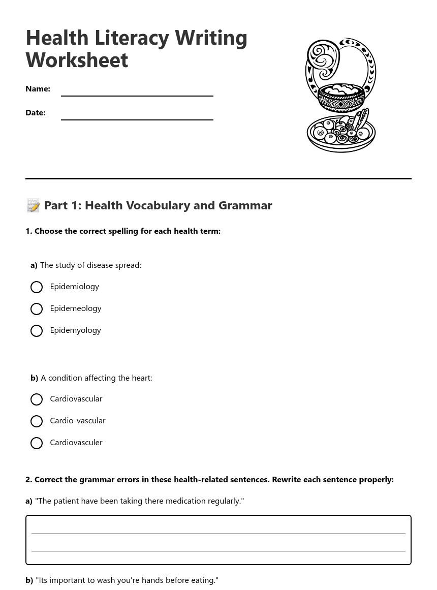Health Literacy Writing Worksheet worksheet preview