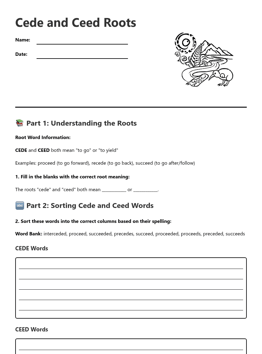 Cede and Ceed Roots worksheet preview