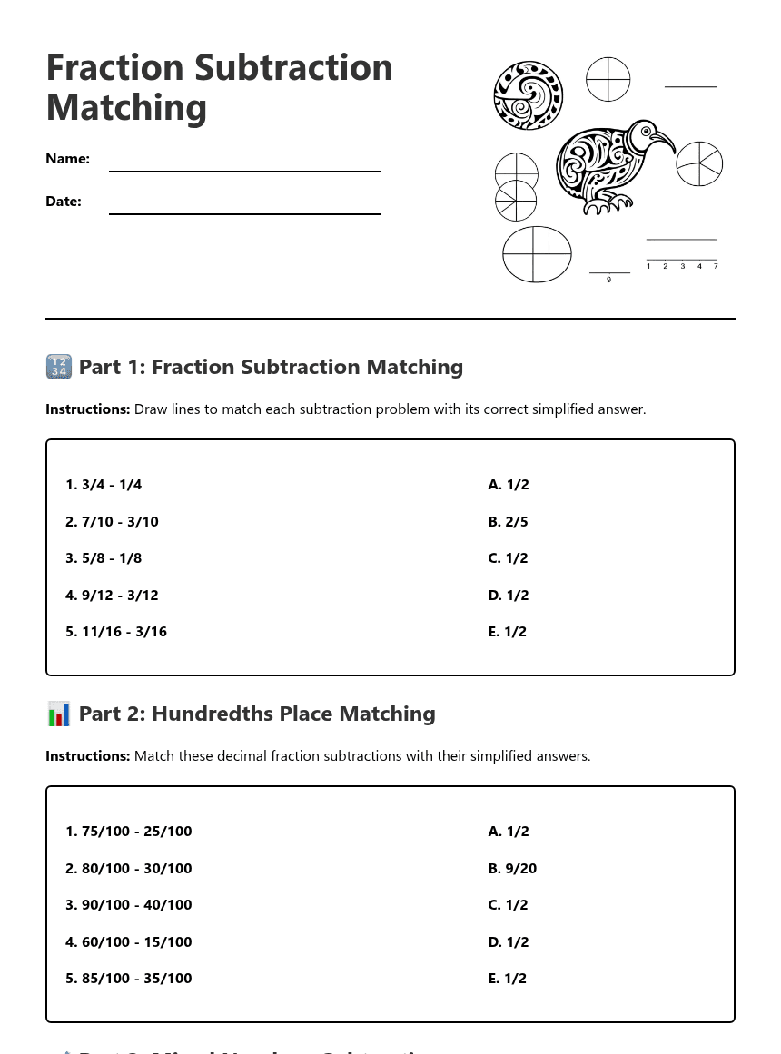 Fraction Subtraction Matching worksheet preview