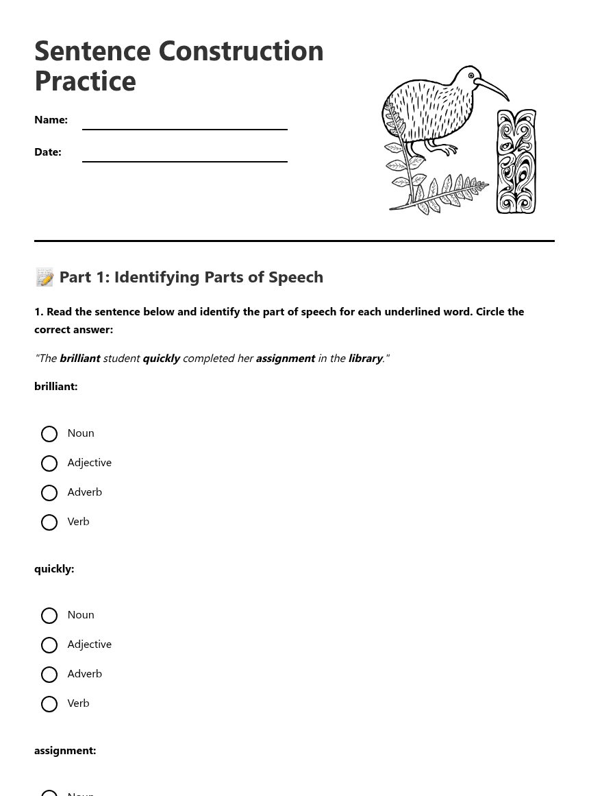 Sentence Construction Practice worksheet preview