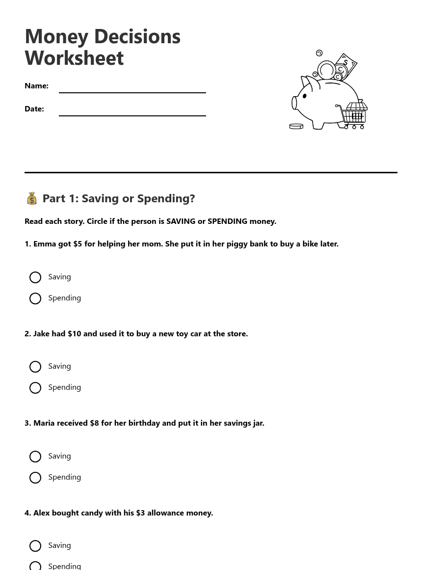 Money Decisions Worksheet worksheet preview