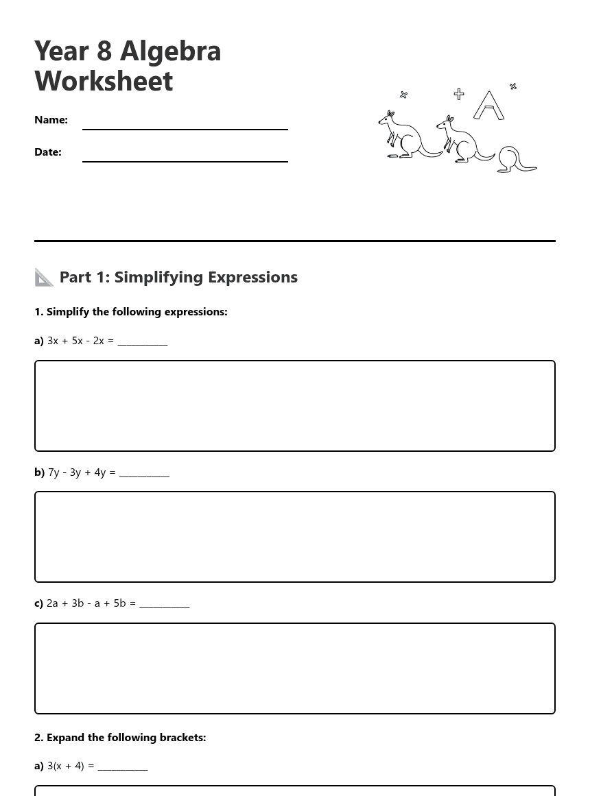 Year 8 Algebra Worksheet worksheet preview