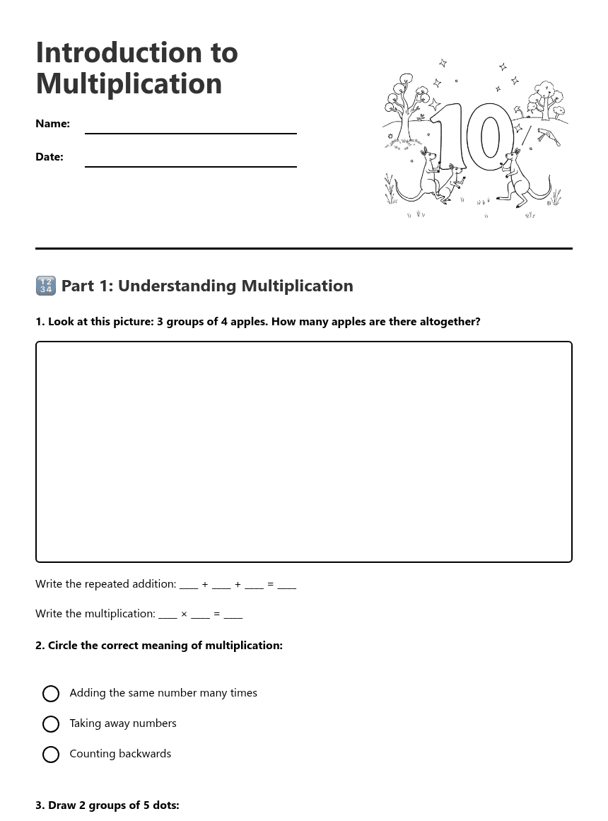 Introduction to Multiplication worksheet preview