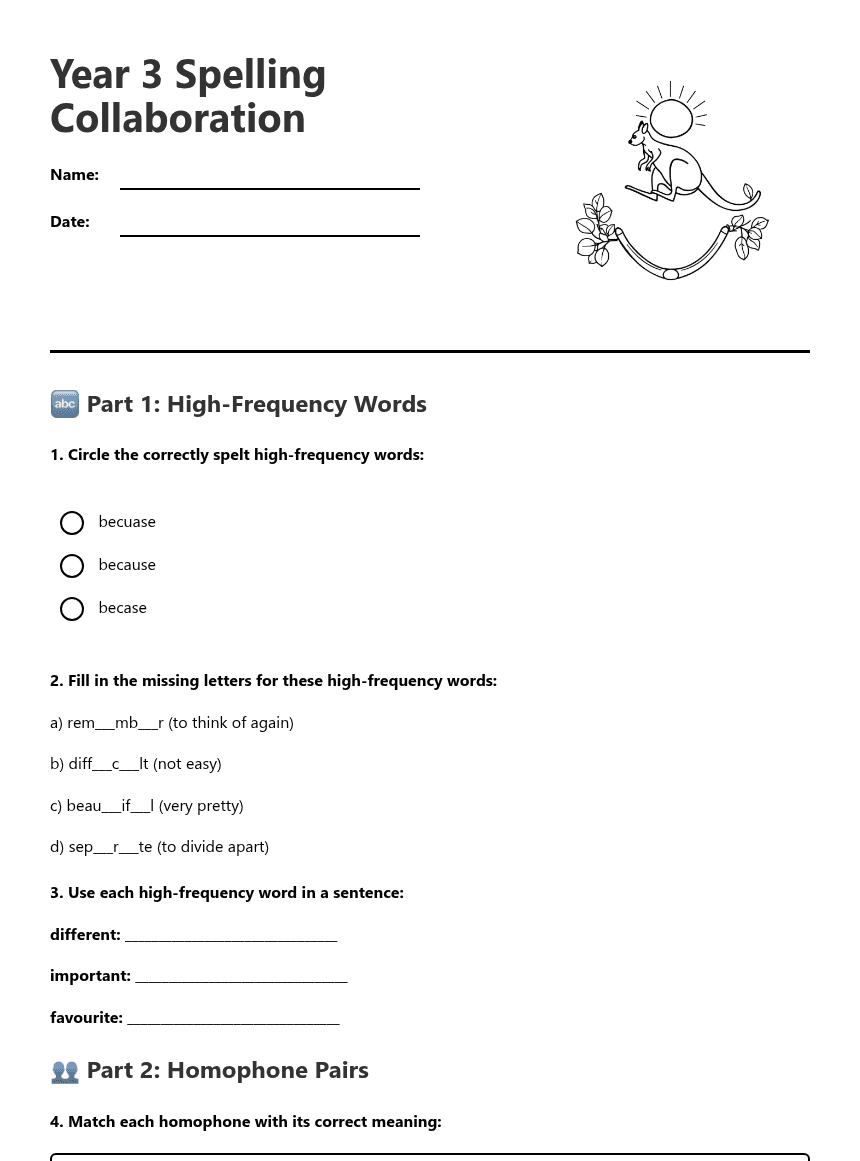 Year 3 Spelling Collaboration worksheet preview