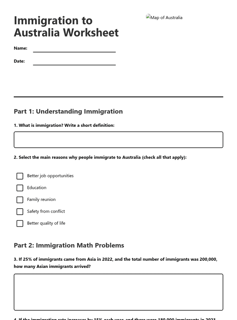 Immigration to Australia Worksheet