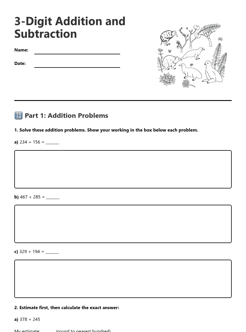 3-Digit Addition Subtraction worksheet preview
