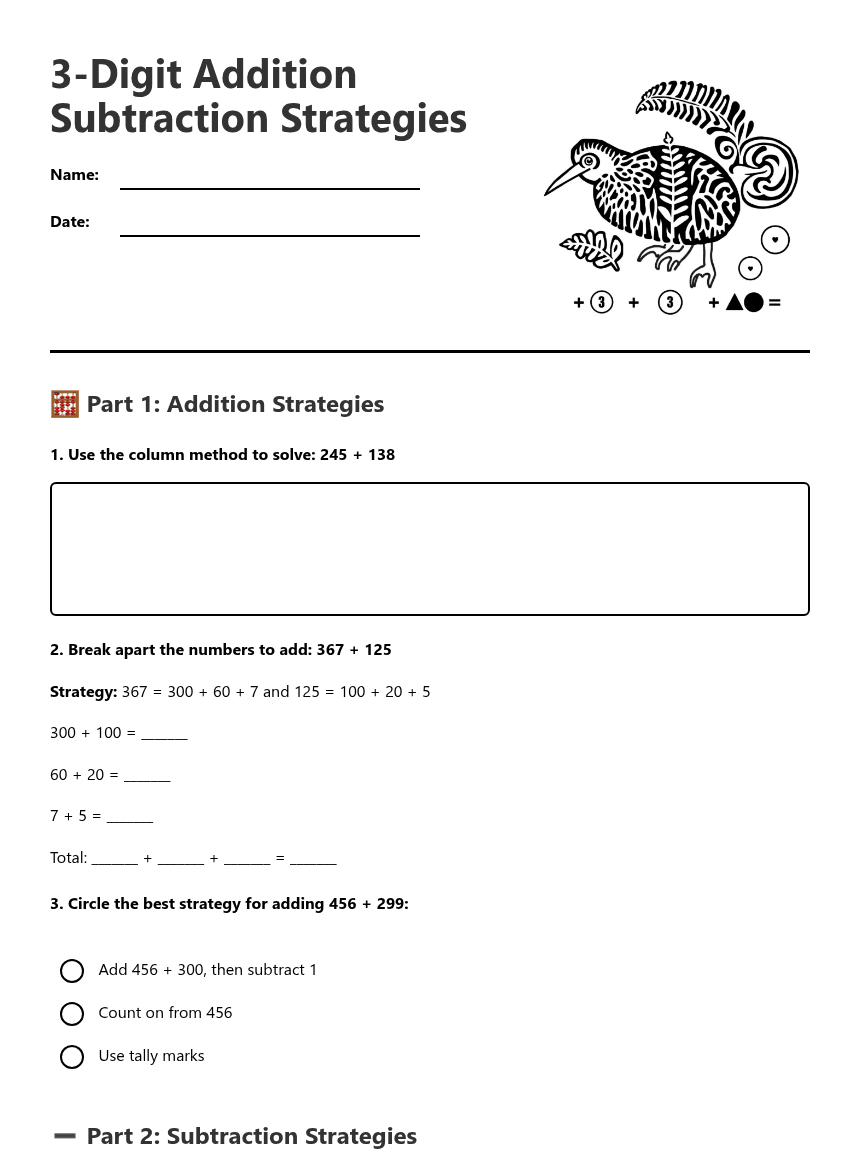 3-Digit Addition Subtraction Strategies worksheet preview
