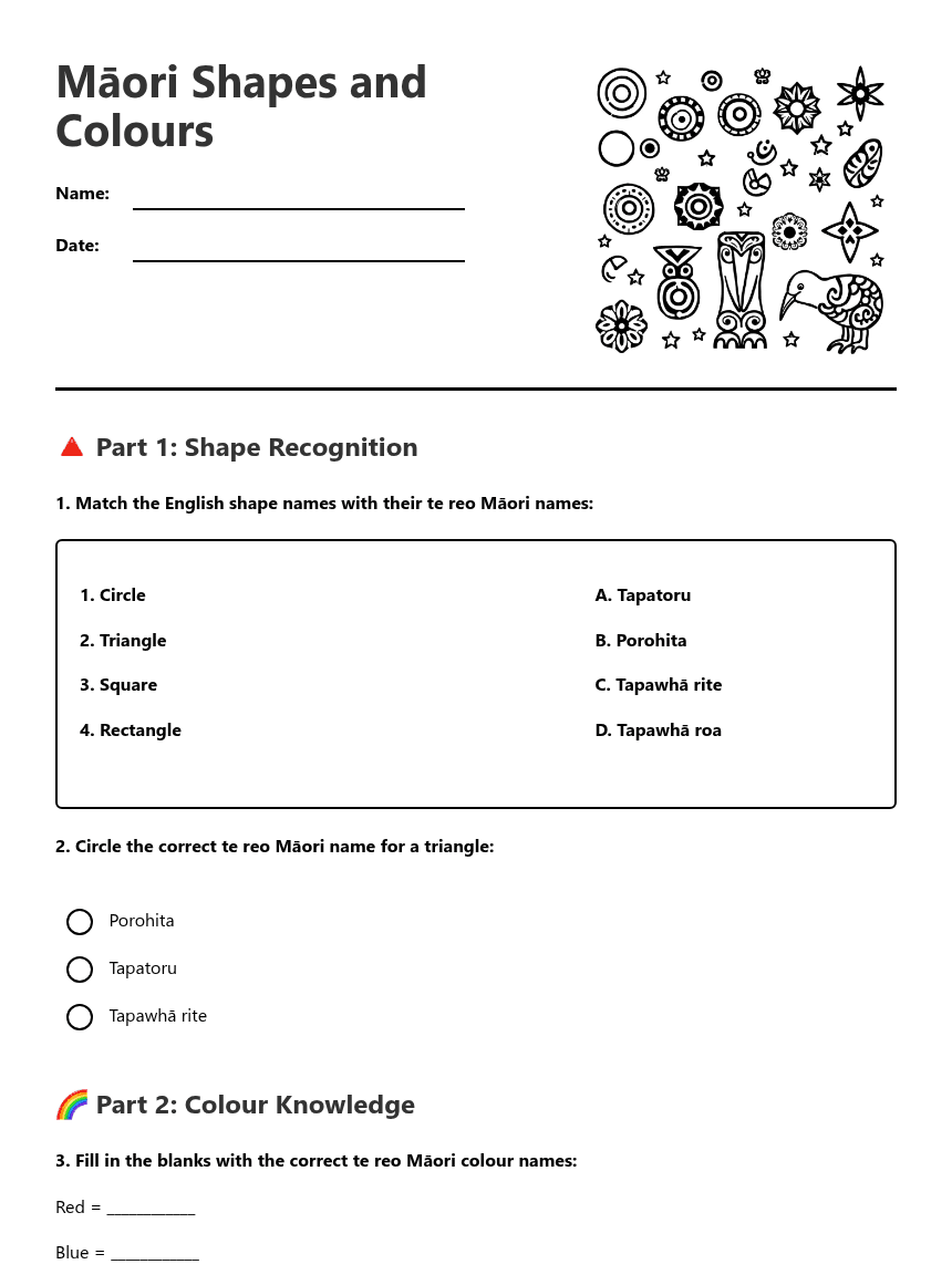 Māori Shapes and Colours worksheet preview