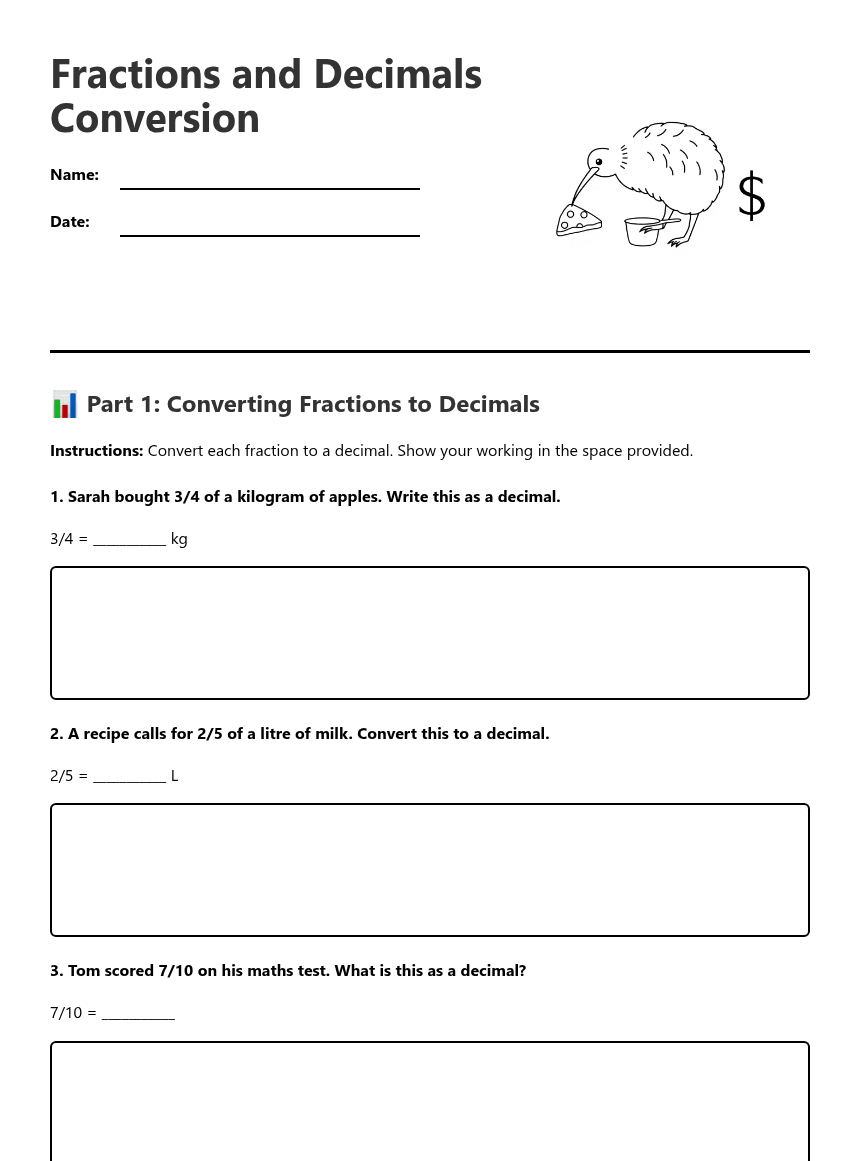 Fractions and Decimals Conversion worksheet preview