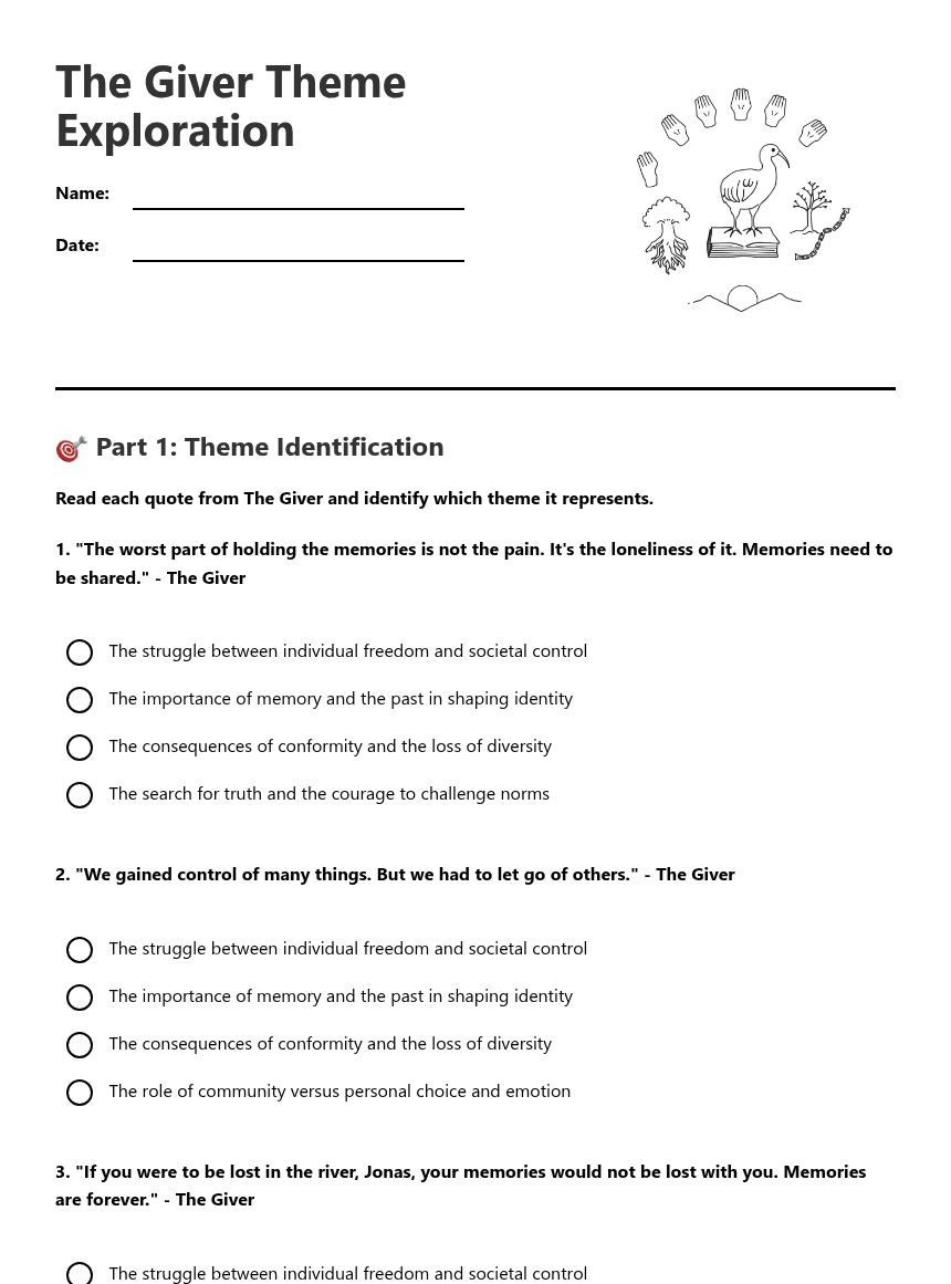 The Giver Theme Exploration worksheet preview