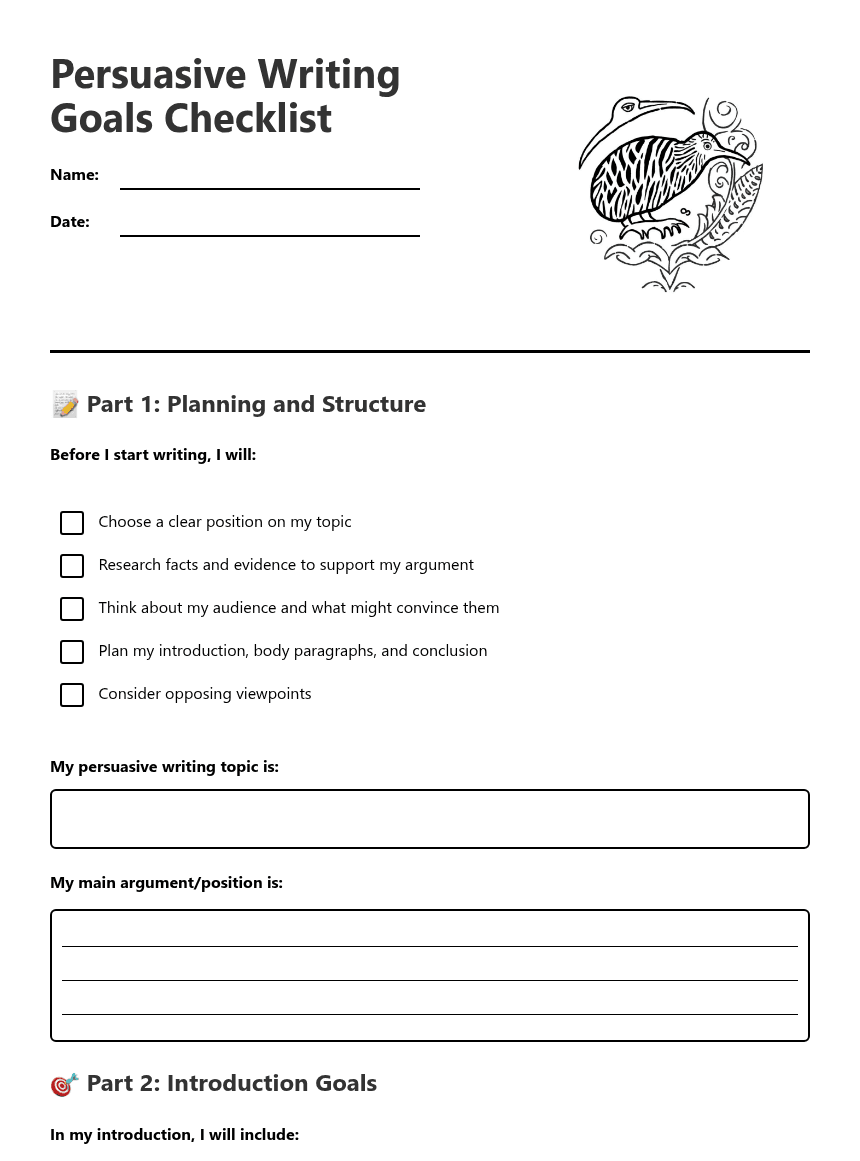 Persuasive Writing Goals Checklist worksheet preview