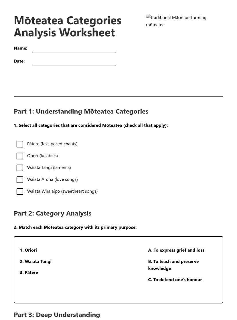 Mōteatea Categories Analysis Worksheet