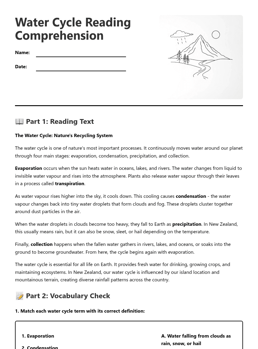 Water Cycle Reading Comprehension worksheet preview