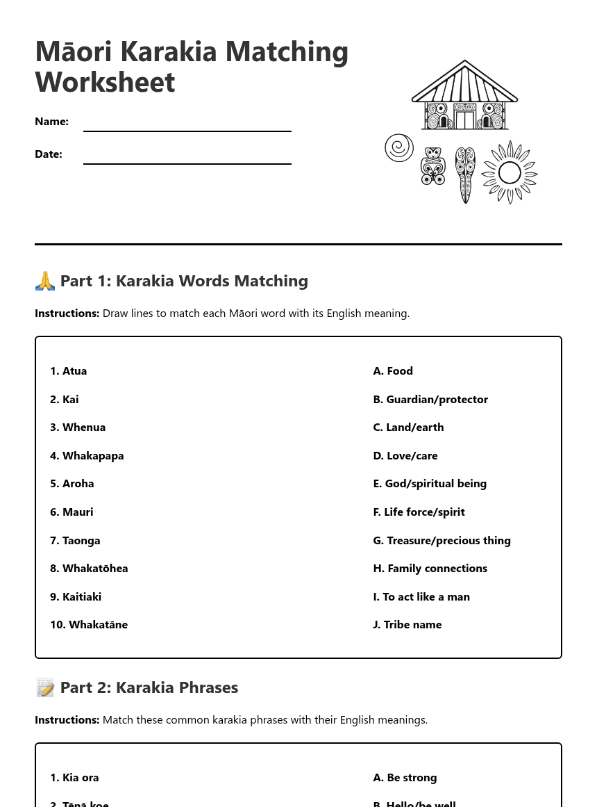 Māori Karakia Matching Worksheet worksheet preview