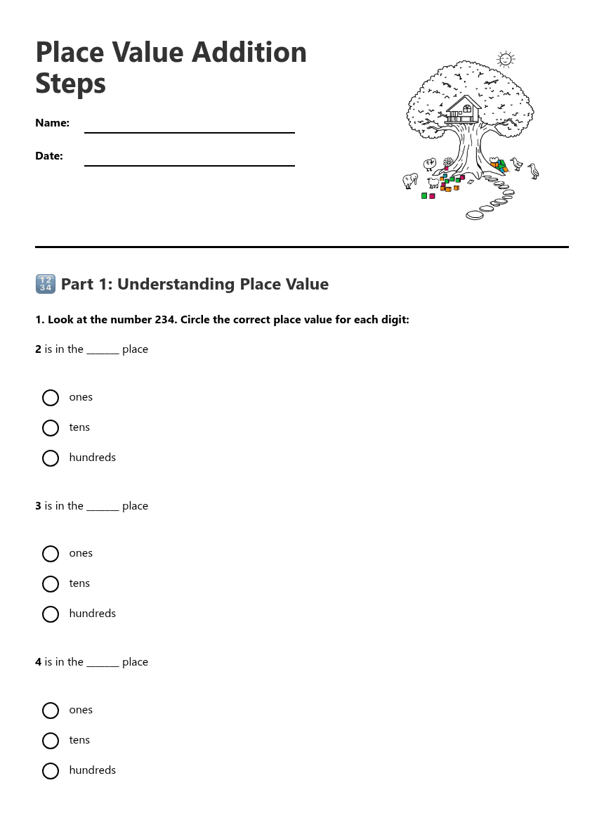 Place Value Addition Steps worksheet preview