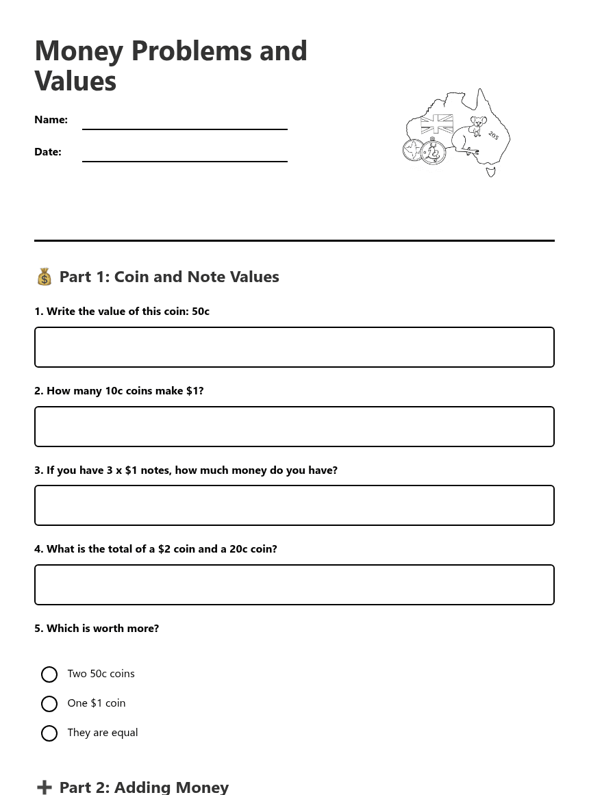 Money Problems and Values worksheet preview