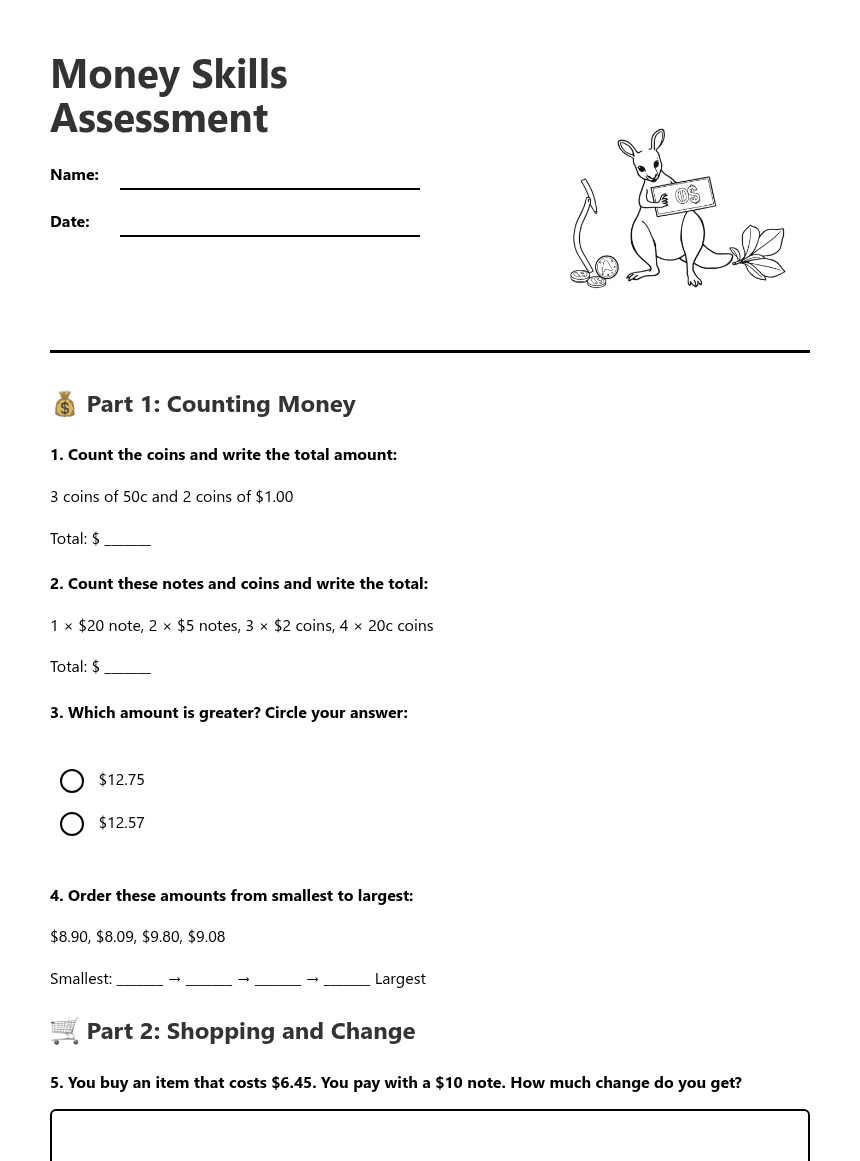 Money Skills Assessment worksheet preview
