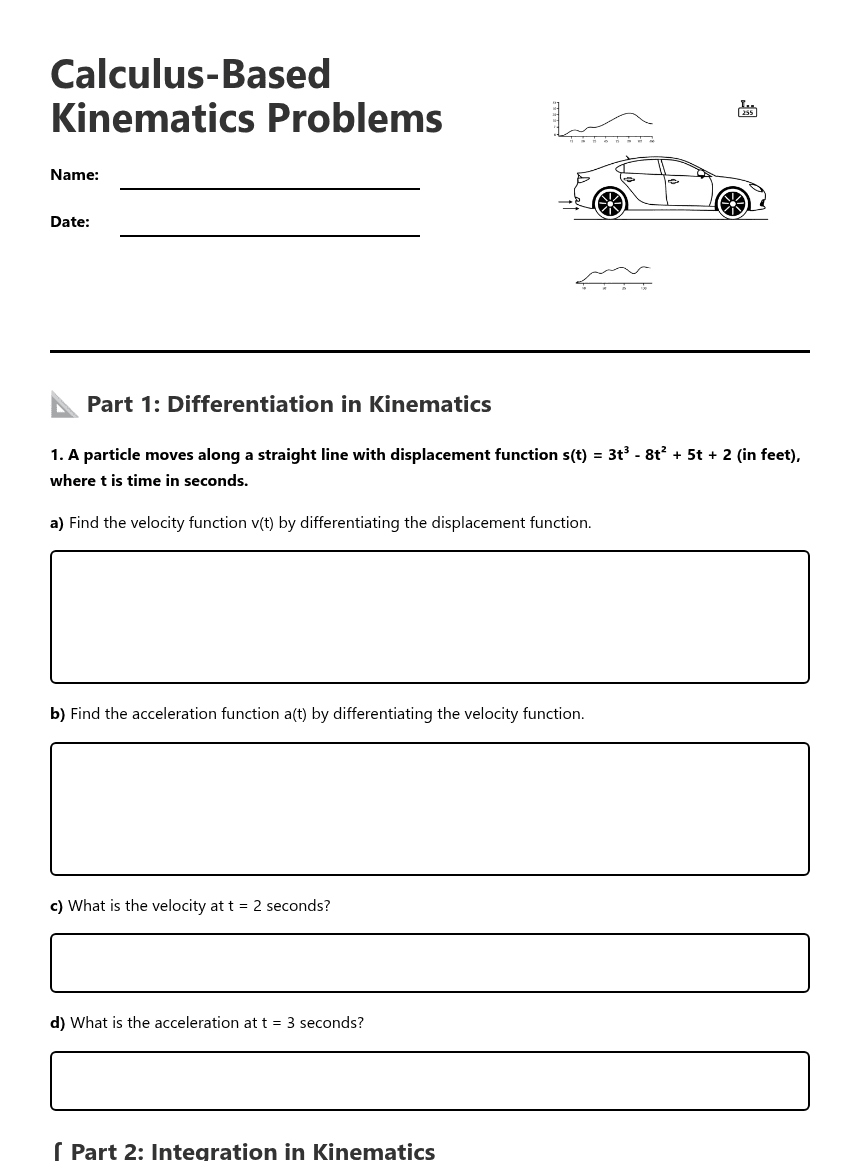 Calculus-Based Kinematics Problems worksheet preview