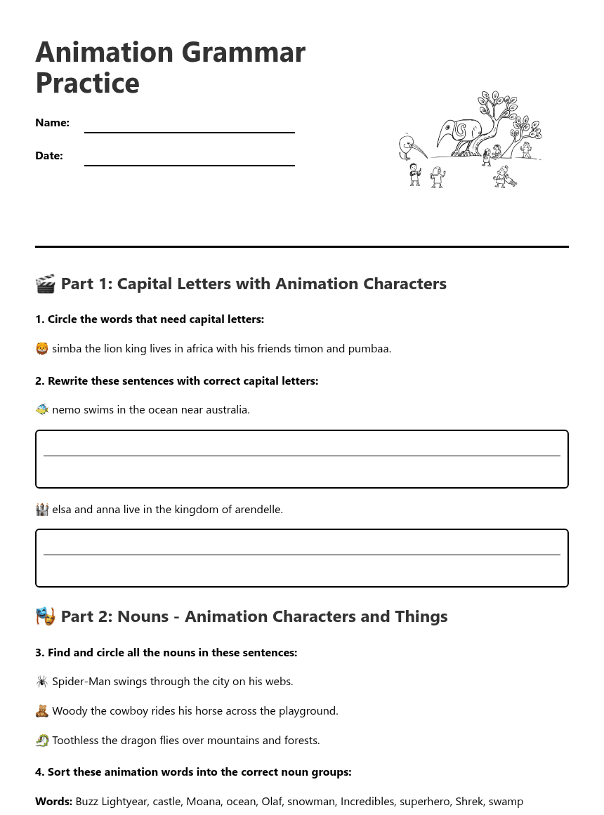 Animation Grammar Practice worksheet preview