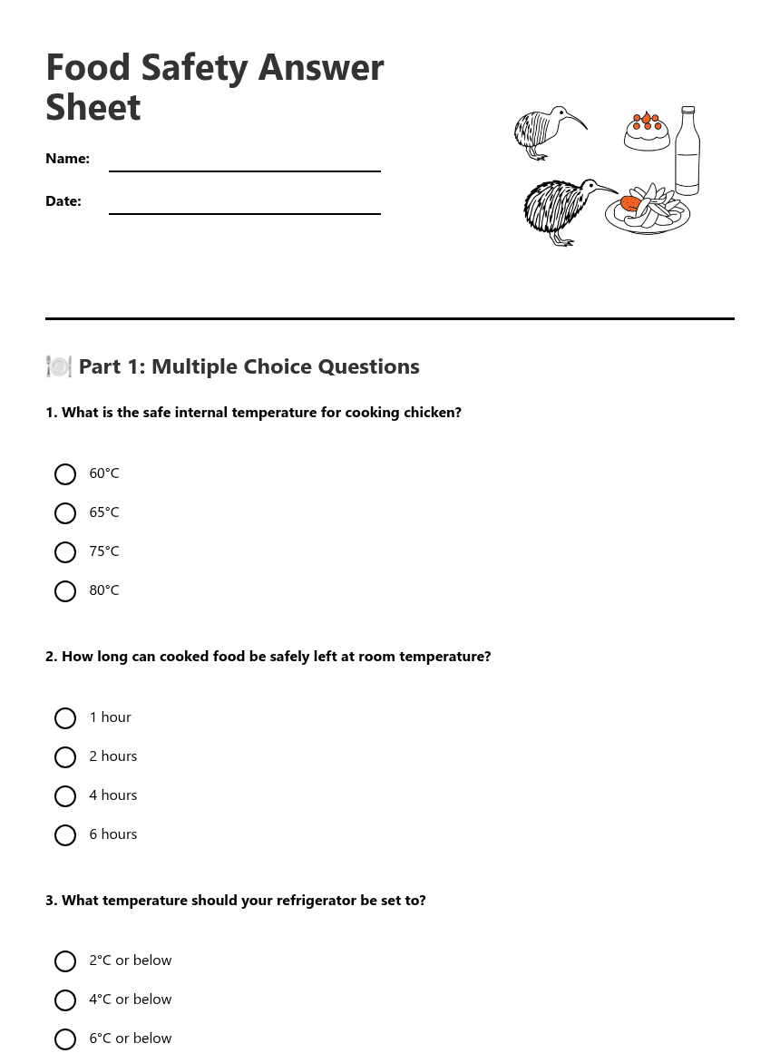 Food Safety Answer Sheet worksheet preview