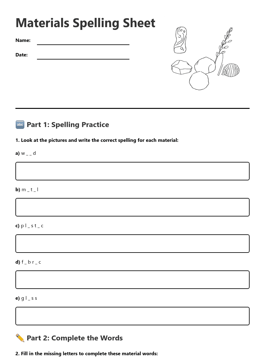Materials Spelling Sheet worksheet preview