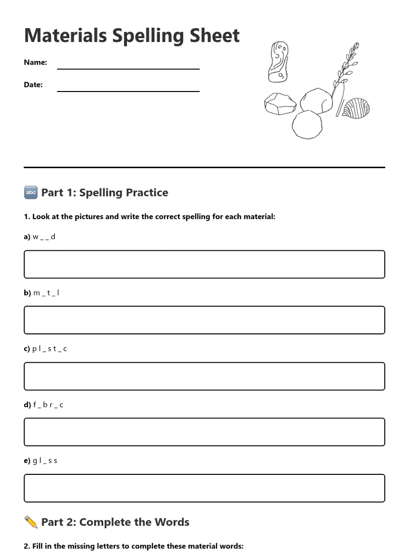 Materials Spelling Sheet