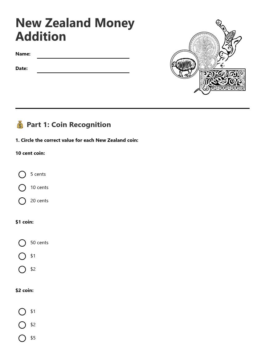 New Zealand Money Addition worksheet preview