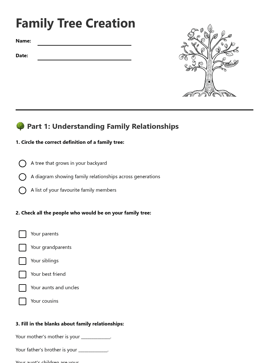 Family Tree Creation worksheet preview