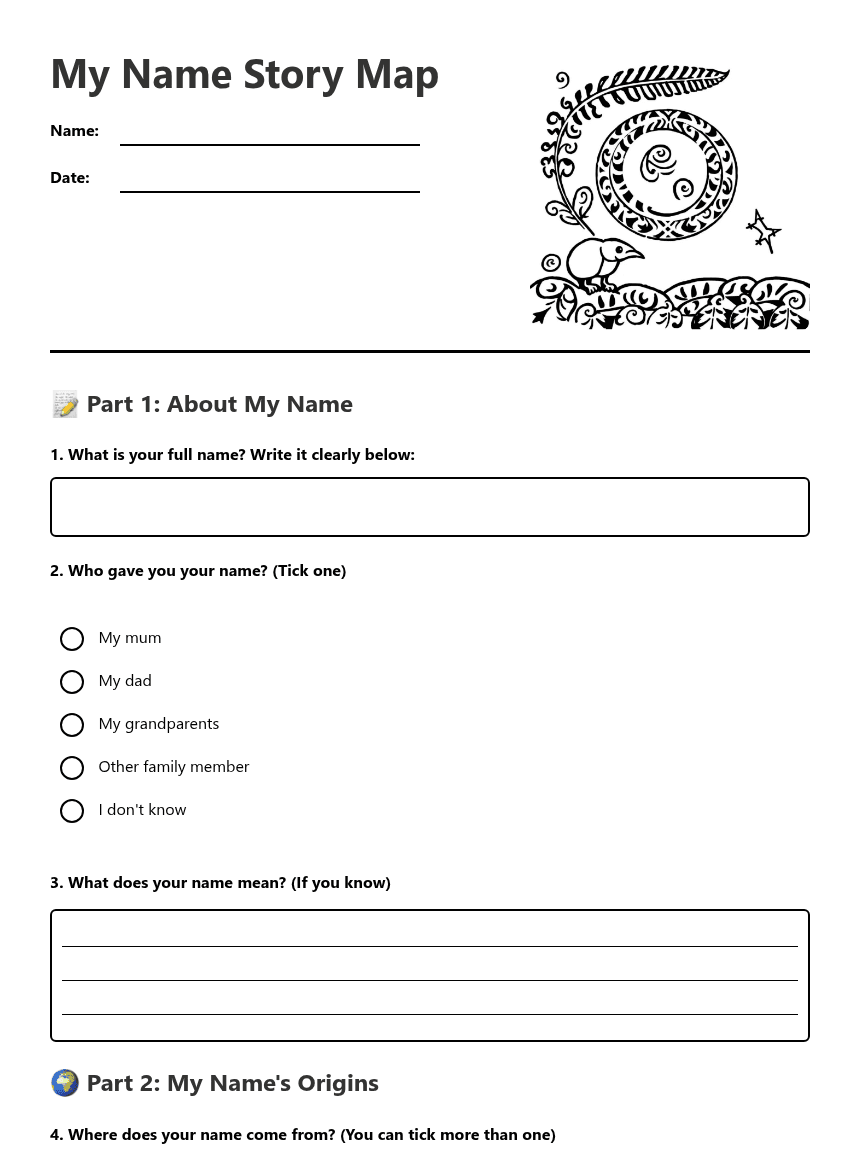 My Name Story Map worksheet preview
