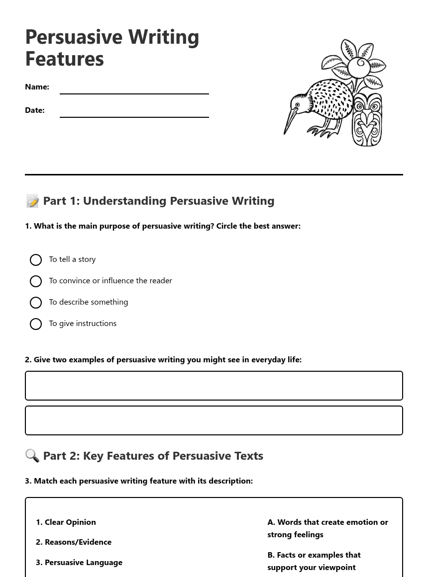 Persuasive Writing Features worksheet preview