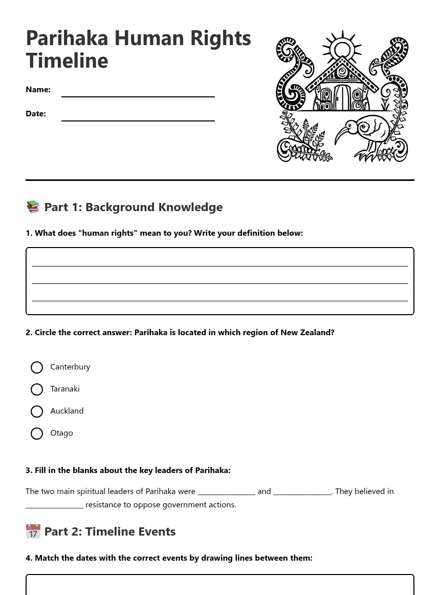 Parihaka Human Rights Timeline worksheet preview