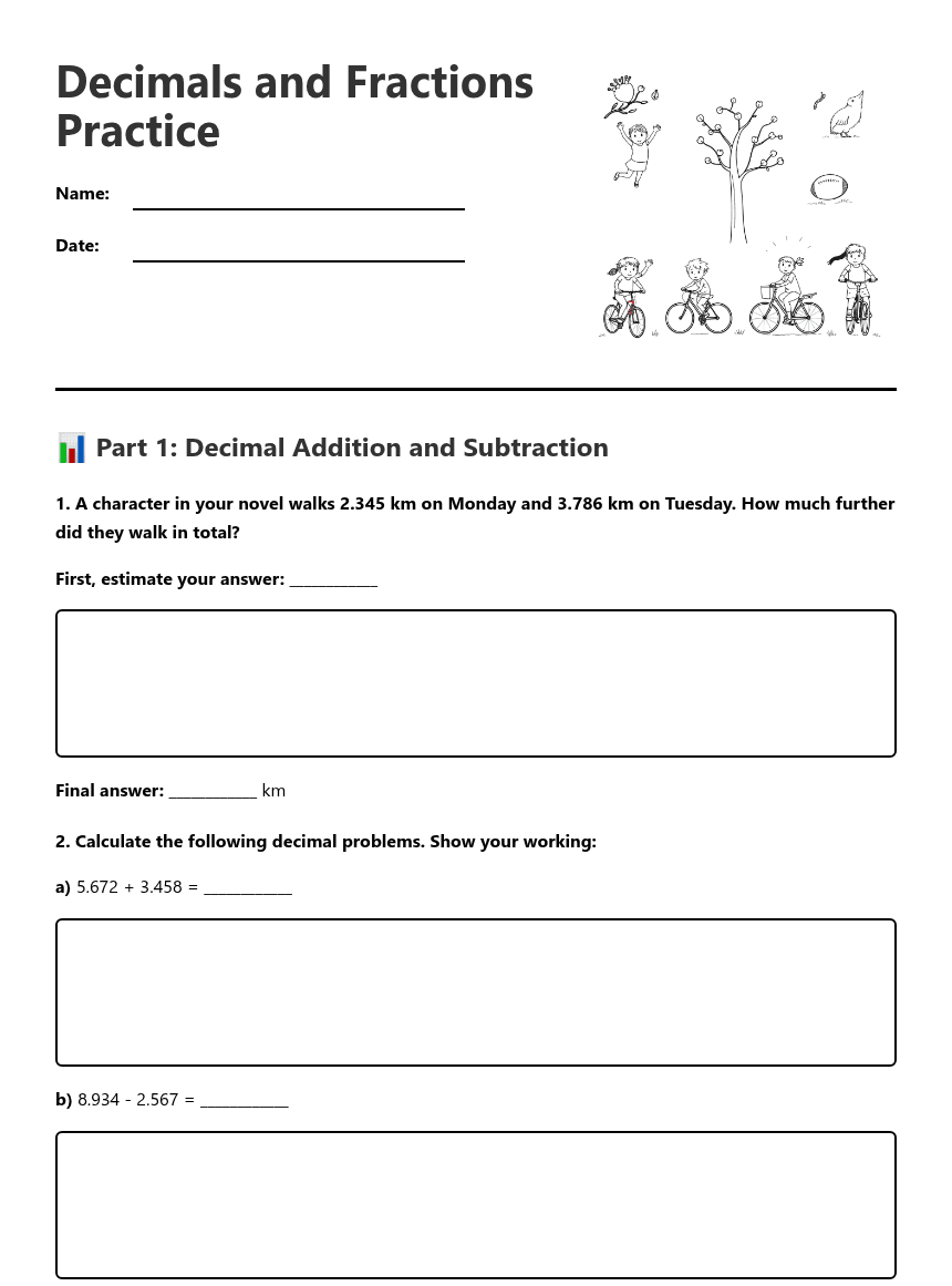 Decimals and Fractions Practice worksheet preview
