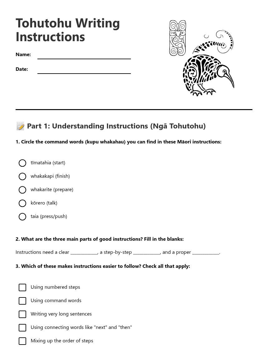 Tohutohu Writing Instructions worksheet preview