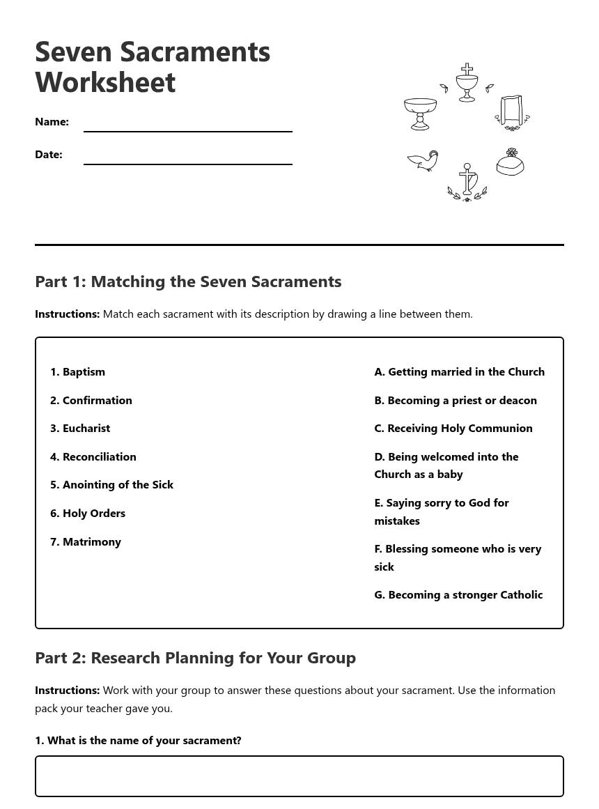 Seven Sacraments Worksheet worksheet preview