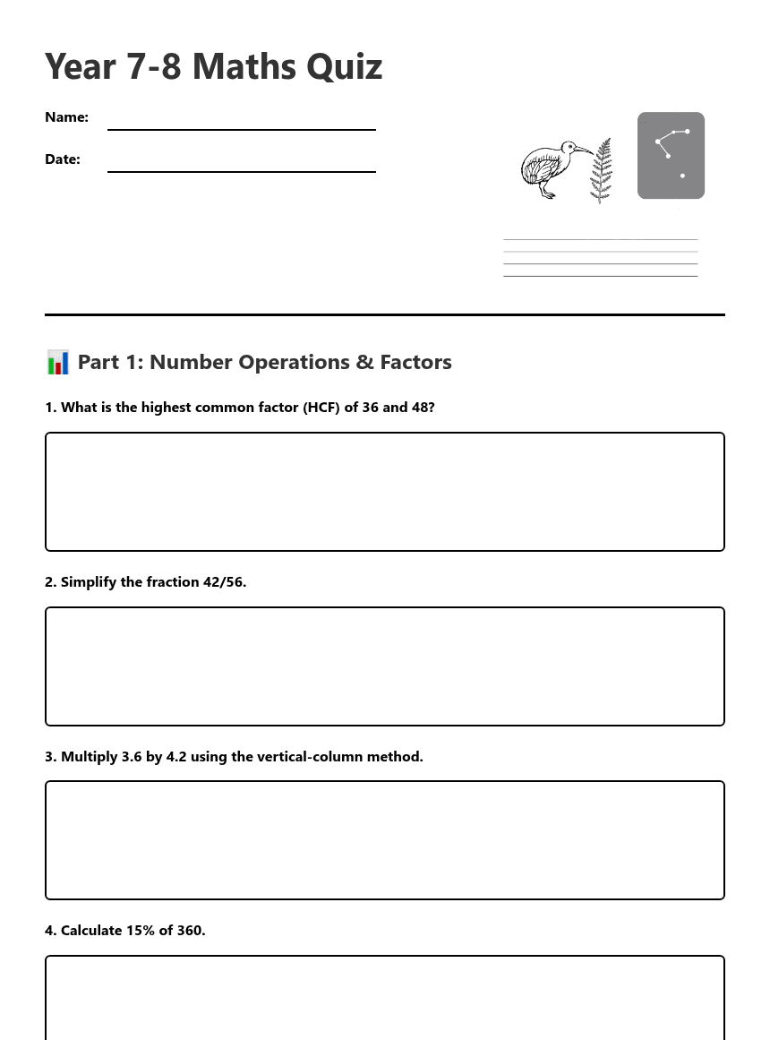 Year 7-8 Maths Quiz worksheet preview