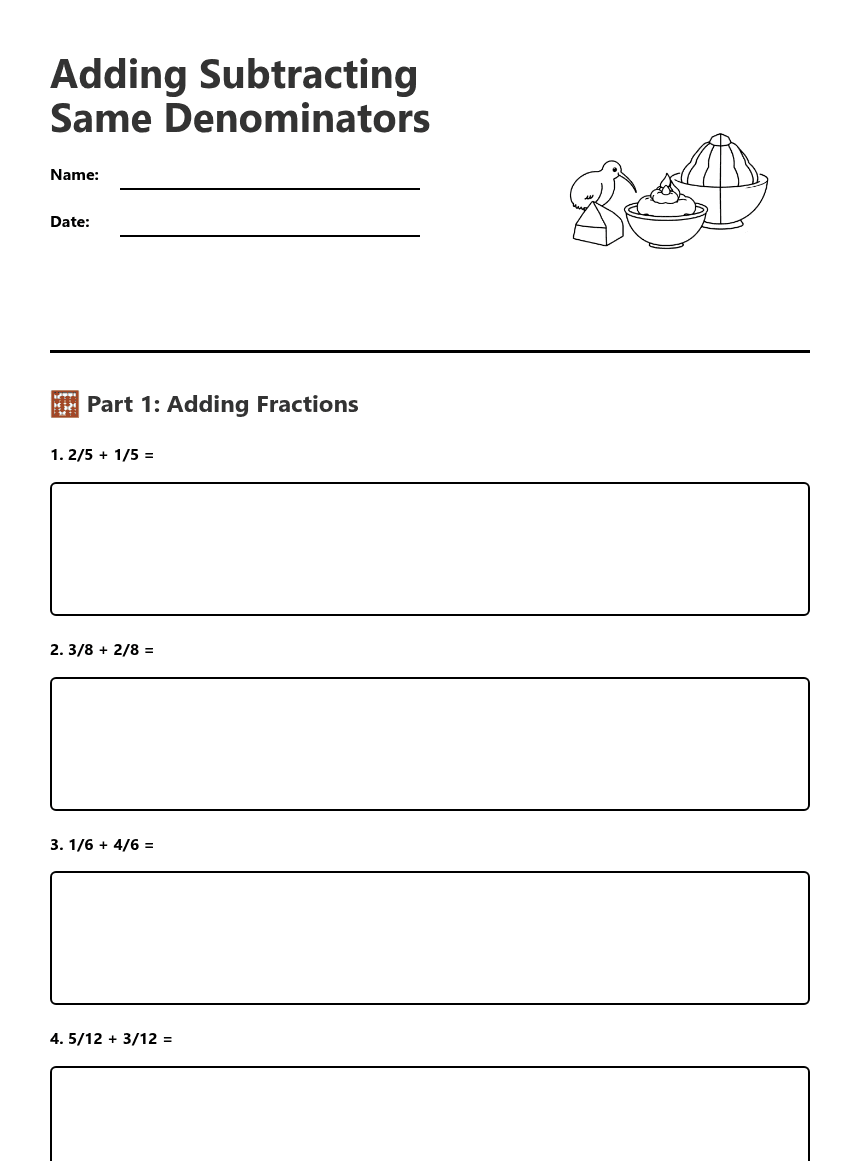 Adding Subtracting Same Denominators worksheet preview