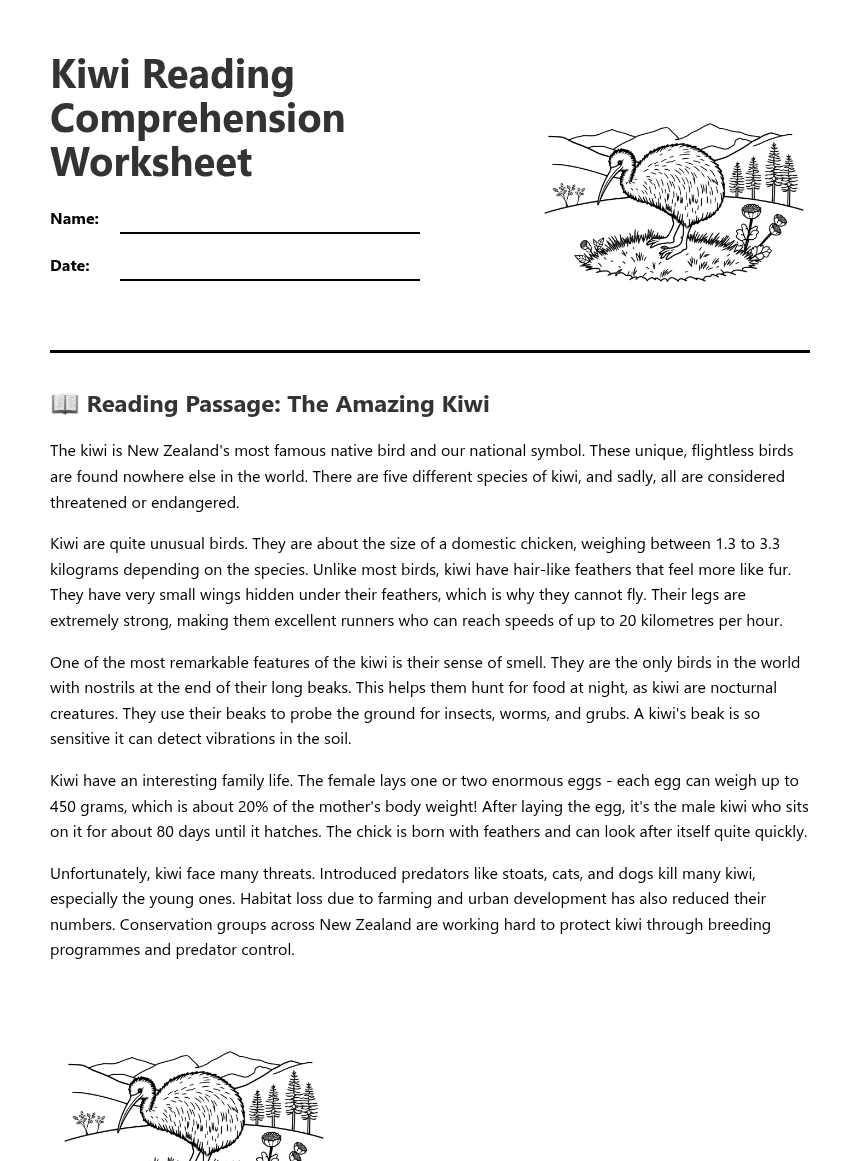 Kiwi Reading Comprehension Worksheet worksheet preview