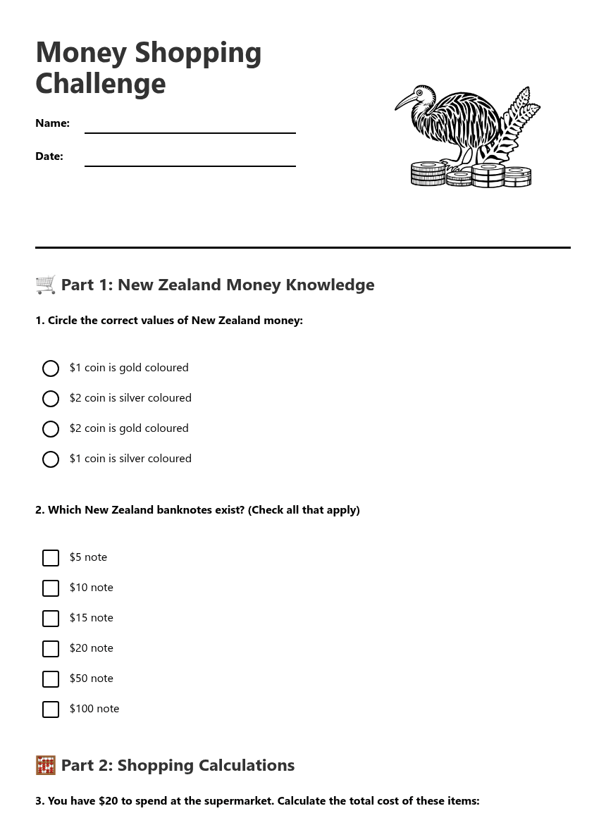 Money Shopping Challenge worksheet preview