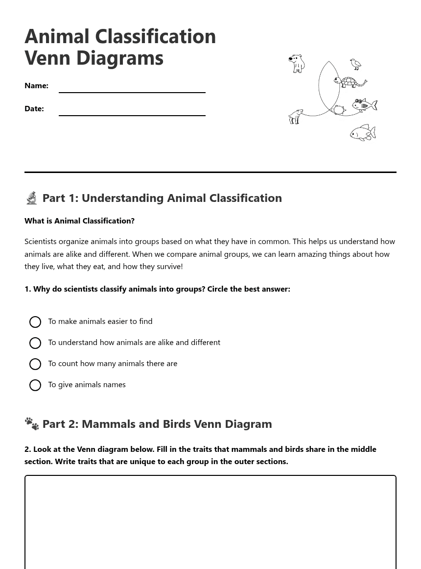 Animal Classification Venn Diagrams worksheet preview