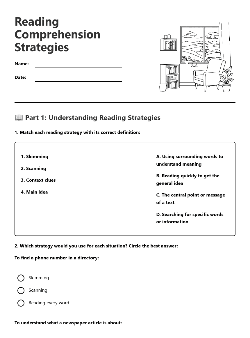 Reading Comprehension Strategies worksheet preview