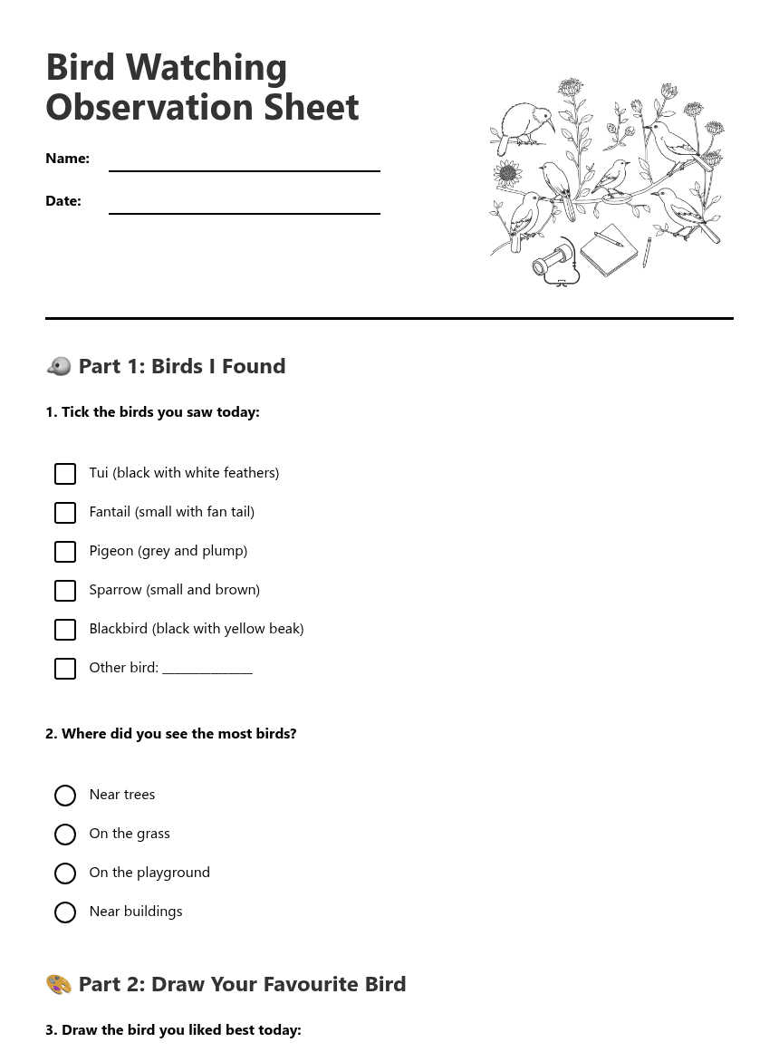 Bird Watching Observation Sheet worksheet preview