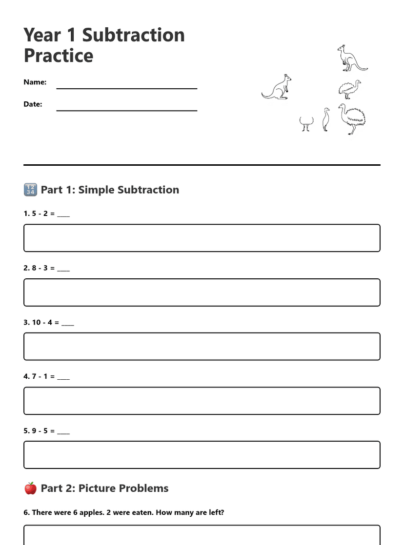 Year 1 Subtraction Practice