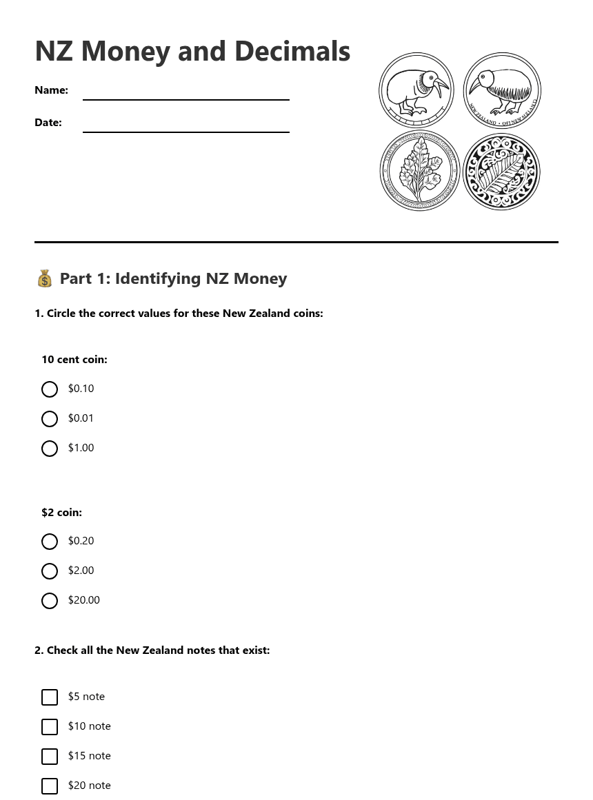 NZ Money and Decimals worksheet preview