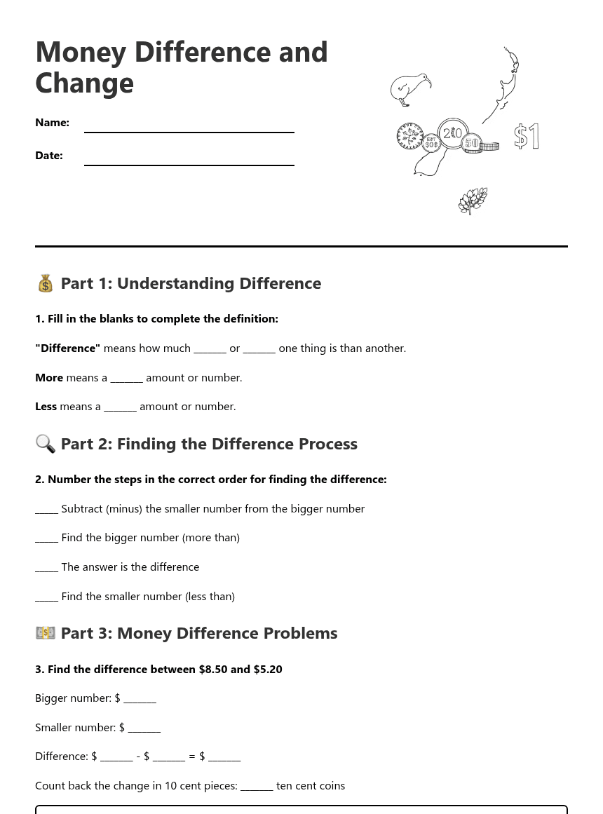 Money Difference and Change worksheet preview