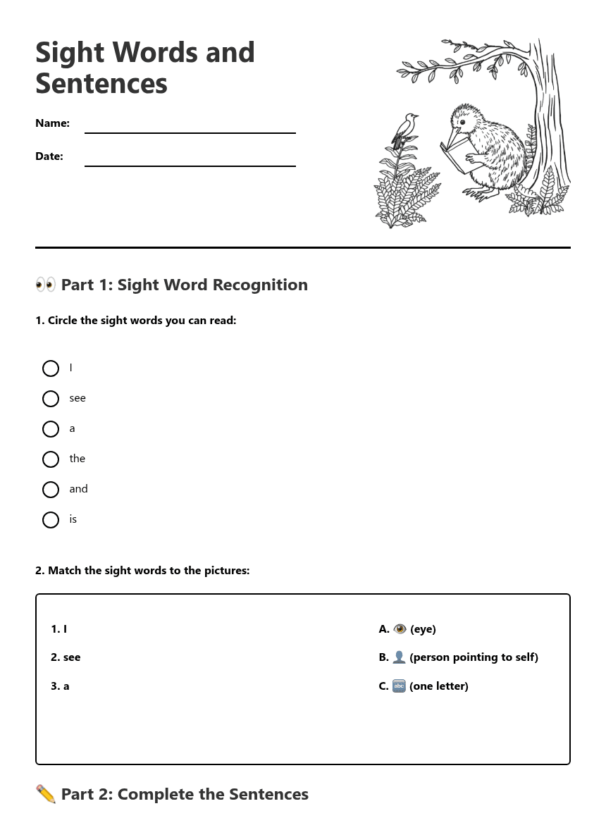 Sight Words and Sentences worksheet preview