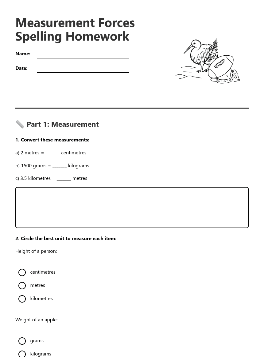 Measurement Forces Spelling Homework worksheet preview