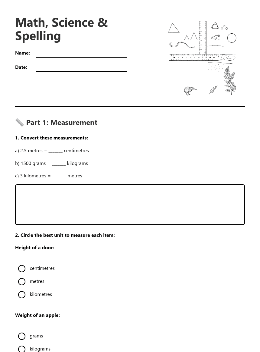 Math, Science & Spelling worksheet preview