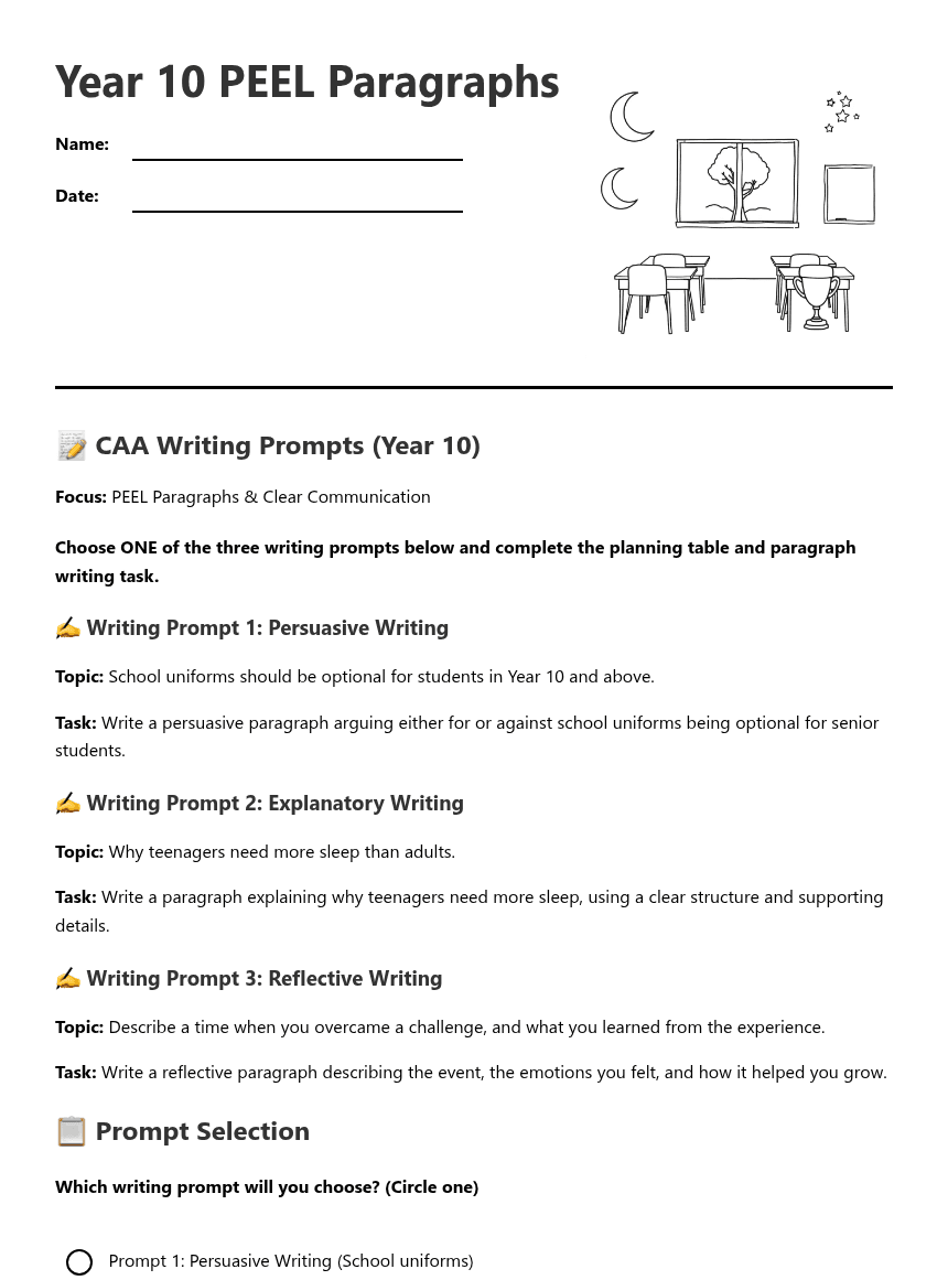 Year 10 PEEL Paragraphs worksheet preview