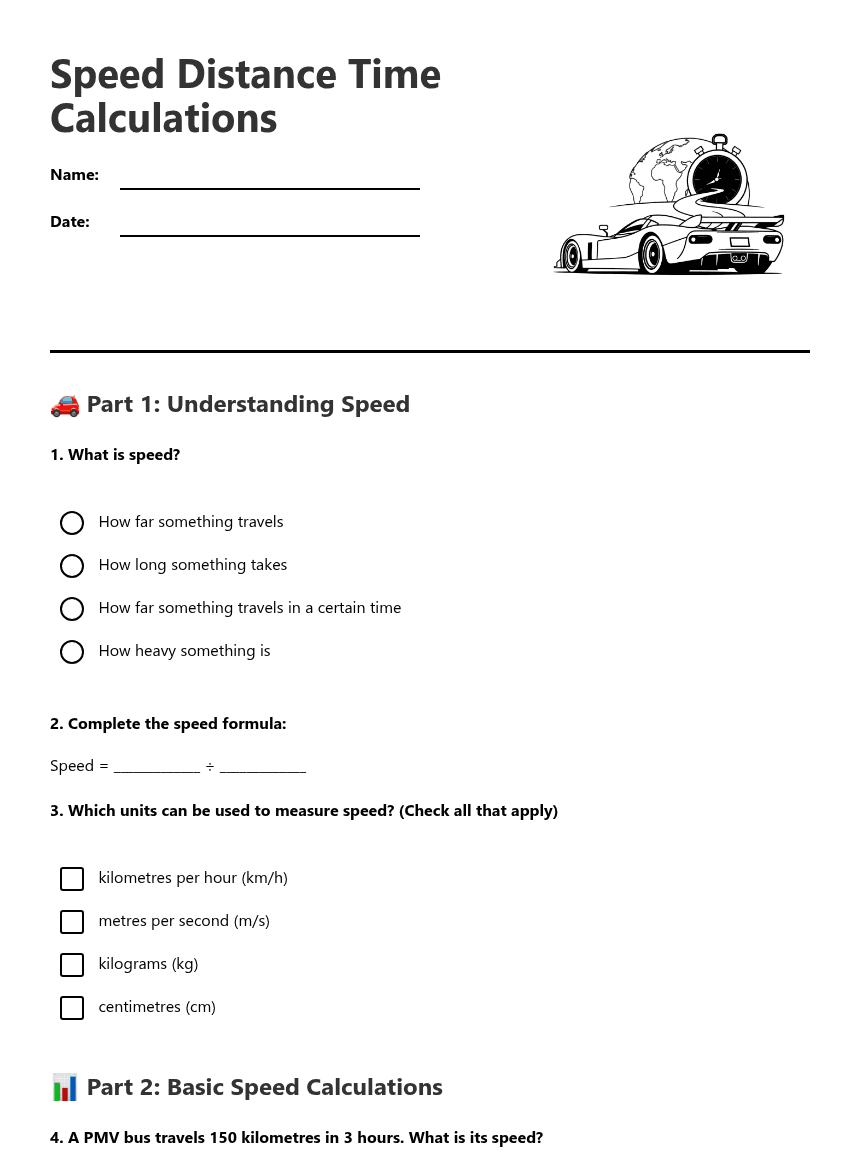 Speed Distance Time Calculations worksheet preview